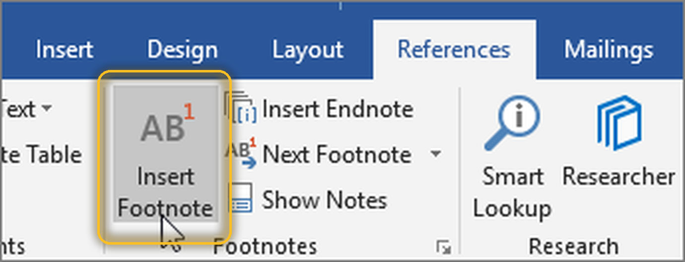 ปุ่ม Insert Footnote บนแท็บ References ของ Word