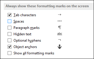 หน้าต่างตั้งค่า Always show these formatting marks on the screen ใน Word Options