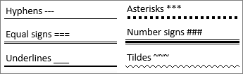 ตัวอย่างรูปแบบเส้นคั่นแนวนอนหลายแบบที่ได้จากการพิมพ์อักขระต่างกันใน Word