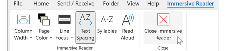 แถบเครื่องมือ Immersive Reader ใน Word มีปุ่ม Column Width, Page Color, Line Focus, Text Spacing, Syllables, Read Aloud