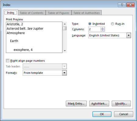 หน้าต่าง Index สำหรับตั้งค่ารูปแบบดัชนีก่อนแทรกใน Word