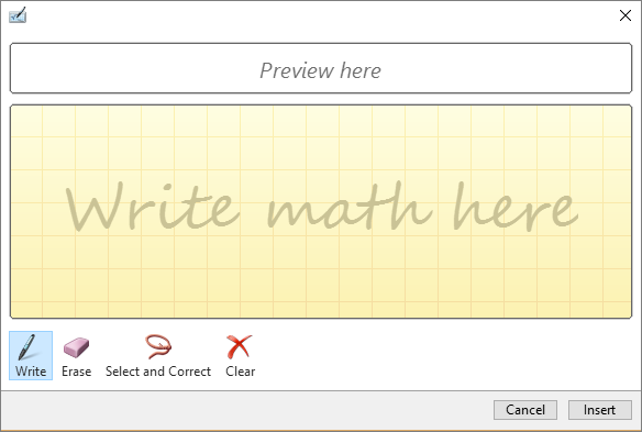 หน้าต่าง Ink Equation ของ Word มีช่อง Preview ด้านบนและพื้นที่เขียนสูตรด้วยลายมือด้านล่าง