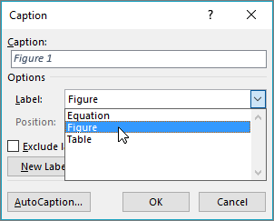 หน้าต่าง Caption ของ Word ให้เลือก Label เช่น Figure หรือ Table