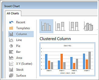หน้าต่าง Insert Chart แสดงชนิดกราฟและตัวอย่างก่อนแทรก