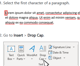 ตำแหน่งปุ่ม Drop Cap ในแท็บ Insert ของ Word