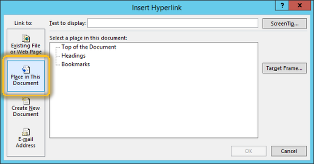 หน้าต่าง Insert Hyperlink ใน Word เลือกตัวเลือก Place in This Document เพื่อลิงก์ไปหัวข้ออื่นในเอกสารเดียวกัน
