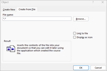 แท็บ Create from File ในหน้าต่าง Object ของ Word มีตัวเลือก Link to file
