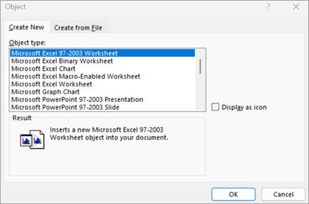 หน้าต่าง Object ของ Word แท็บ Create New แสดงรายการประเภทไฟล์ที่ฝังได้