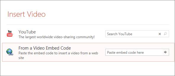 หน้าต่าง Insert Video แสดงช่องค้นหา YouTube และช่องวางโค้ดฝังวิดีโอ