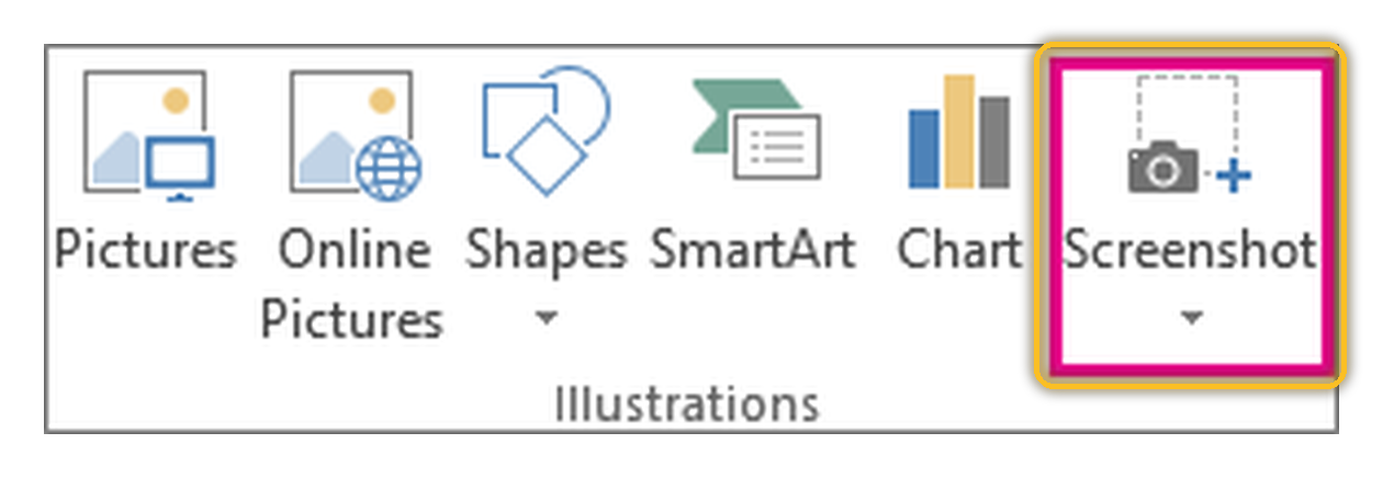 ปุ่ม Screenshot ในแท็บ Insert ของ Word อยู่ในโซน Illustrations