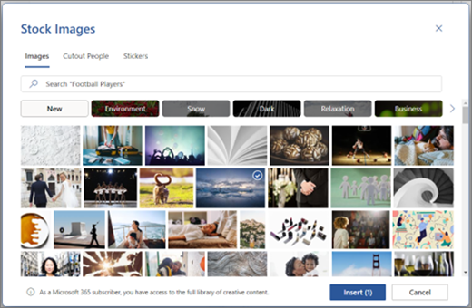 หน้าต่าง Stock Images สำหรับเลือกรูปภาพฟรีมาแทรกใน Word