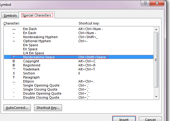 หน้าต่าง Symbol แท็บ Special Characters แสดงรายการอักขระพิเศษและ Shortcut key ใน Word