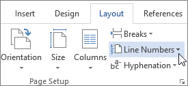 ปุ่ม Line Numbers ในกลุ่ม Page Setup แท็บ Layout ของ Word