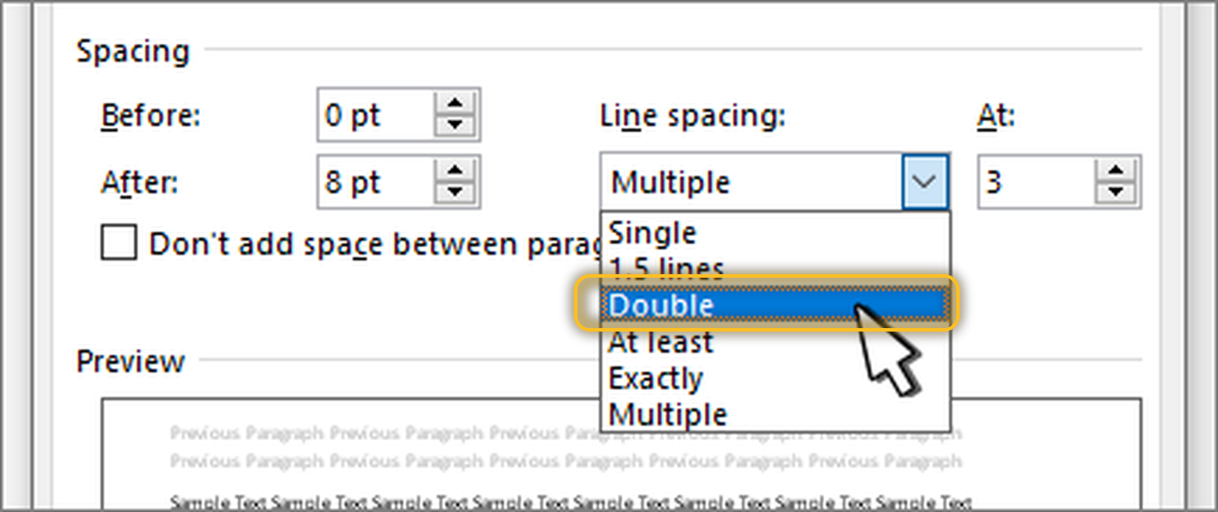 ตัวเลือก Double ใน Line spacing dropdown ของ Word