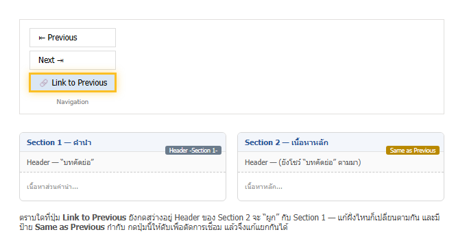 ปุ่ม Link to Previous ในแท็บ Header and Footer ของ Word และป้าย Same as Previous ที่กำกับ Header ของ Section ที่ผูกกับ Section ก่อนหน้า
