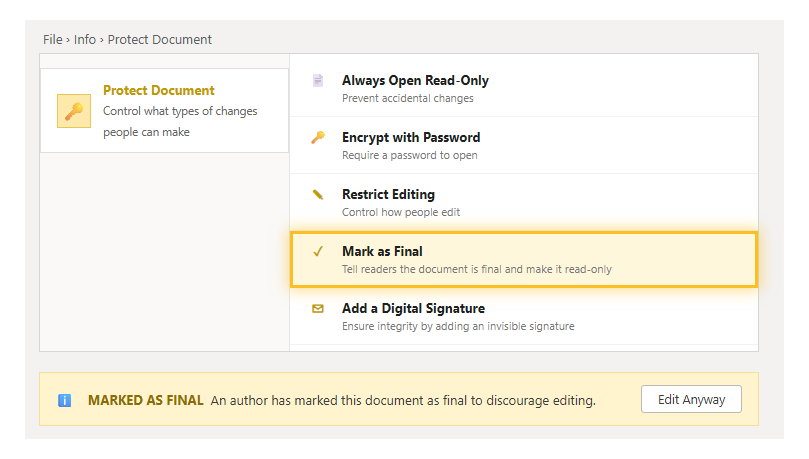 เมนู Protect Document ใน Word เลือก Mark as Final และแถบสีเหลือง MARKED AS FINAL ที่หัวเอกสาร