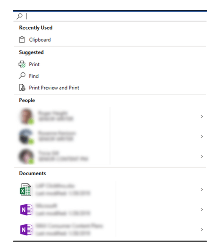 เมนู Microsoft Search ใน Word แสดงกลุ่ม Recently Used, Suggested, People และ Documents