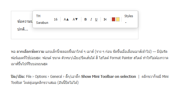 Mini Toolbar ใน Word ลอยอยู่เหนือข้อความที่เลือก มีปุ่มฟอนต์ ขนาด ตัวหนา ตัวเอียง ขีดเส้นใต้ สี ไฮไลต์ Format Painter และ Styles
