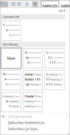 แกลเลอรี Multilevel List ใน Word แสดงรูปแบบเลขข้อ 1.1, 1.1.1 และแบบผูกกับ Heading