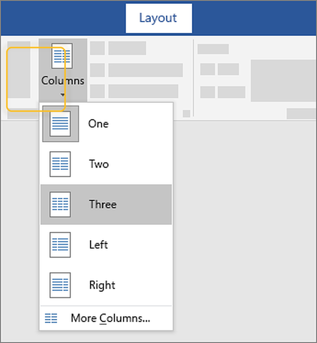 เมนู Columns ในแท็บ Layout ของ Word แสดงตัวเลือกจำนวนคอลัมน์