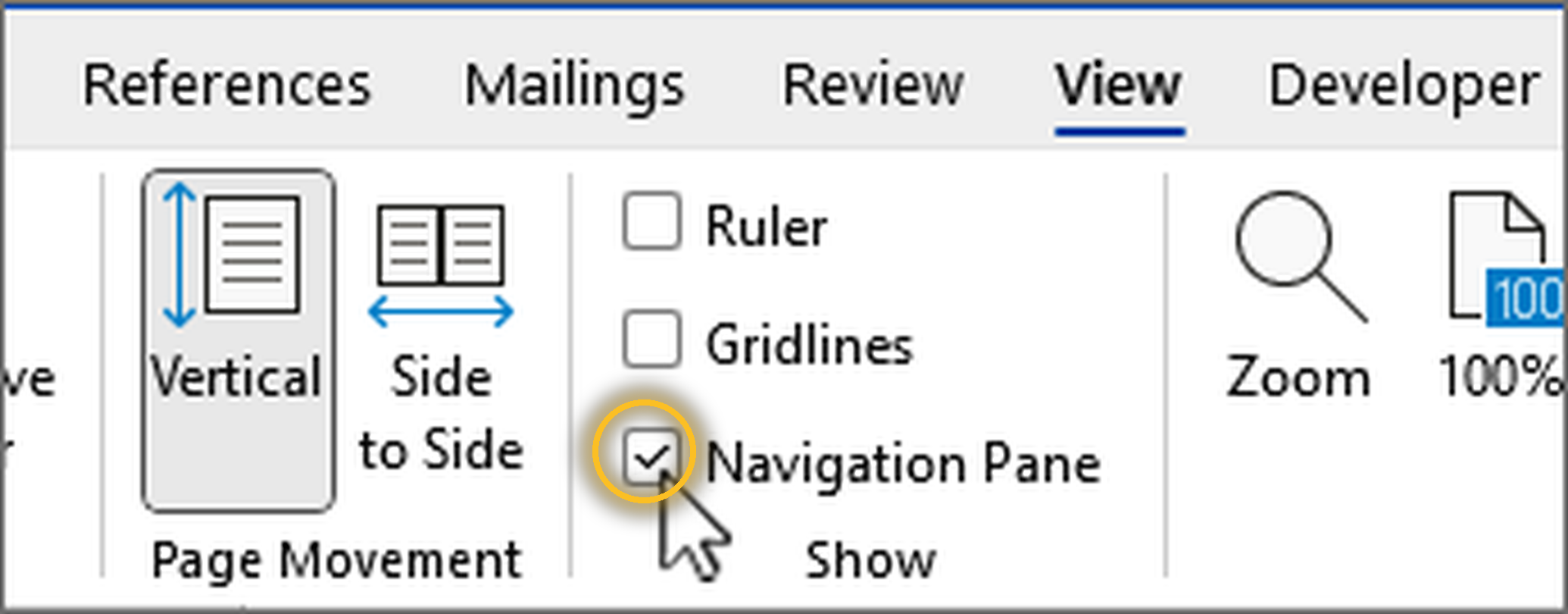 ติ๊กเลือก Navigation Pane ในแท็บ View ของ Word เพื่อเปิดแถบค้นหาและสารบัญด้านซ้าย