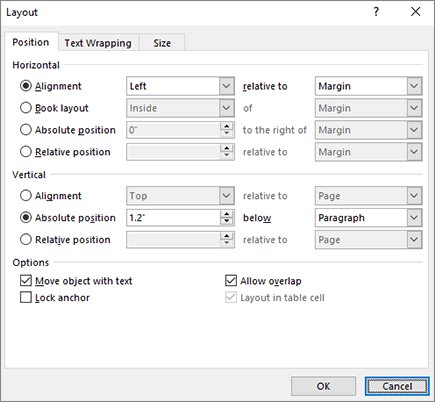 แท็บ Position ในหน้าต่าง Layout ของ Word มีตัวเลือก Lock anchor