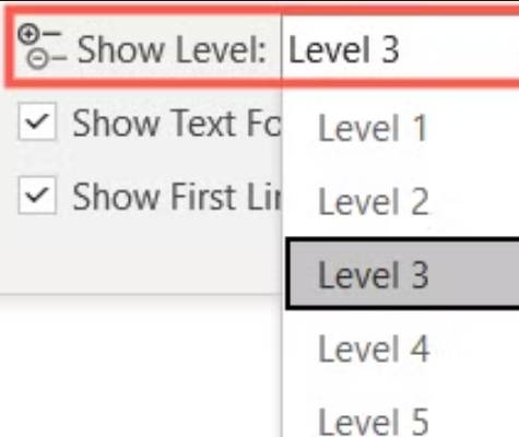 เมนู Show Level ในแท็บ Outlining ของ Word เลือกแสดงหัวข้อ Level 1-7