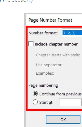 หน้าต่าง Page Number Format สำหรับเลือกรูปแบบเลขหน้าแบบโรมันและกำหนดเลขเริ่มต้น