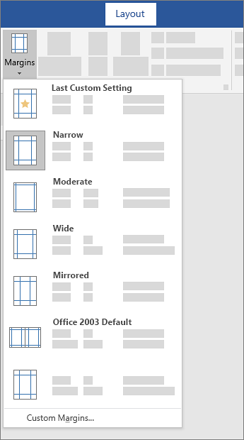 เมนู Margins ในแท็บ Layout ของ Word แสดงรูปแบบสำเร็จรูปและ Custom Margins