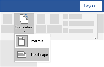 เมนู Orientation ในแท็บ Layout ของ Word แสดงตัวเลือก Portrait และ Landscape