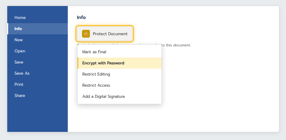 เมนู Protect Document ในหน้า Info ของ Word เลือก Encrypt with Password
