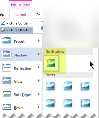 ตัวเลือก No Shadow ในเมนู Picture Effects ของ Word สำหรับปิดเอฟเฟกต์