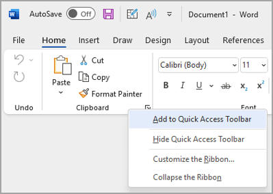 คลิกขวาที่ปุ่มบน Ribbon แล้วเลือก Add to Quick Access Toolbar