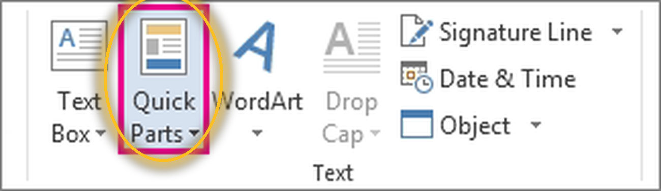 ปุ่ม Quick Parts บนแท็บ Insert ของ Microsoft Word ในกลุ่ม Text