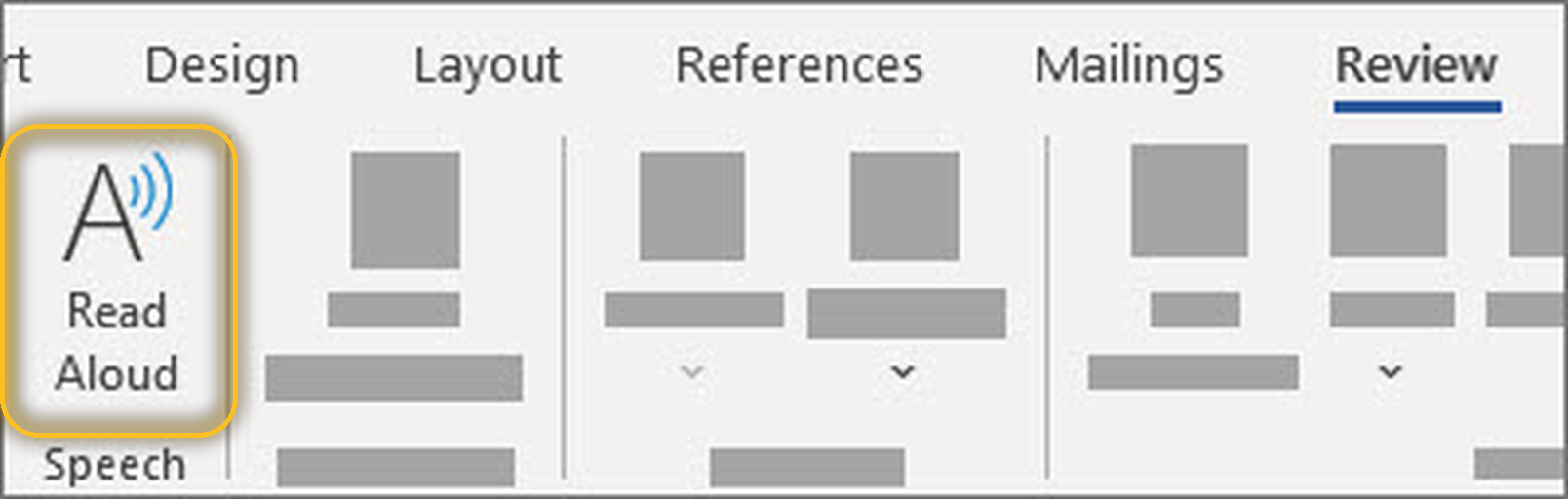 ปุ่ม Read Aloud ในแท็บ Review ของ Word แสดงตำแหน่งจริงบน Ribbon