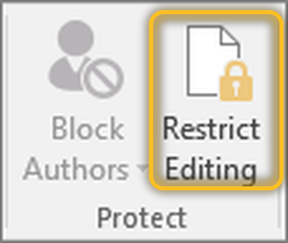 ปุ่ม Restrict Editing ในแท็บ Review ของ Word ไฮไลต์ตำแหน่งที่ต้องคลิก