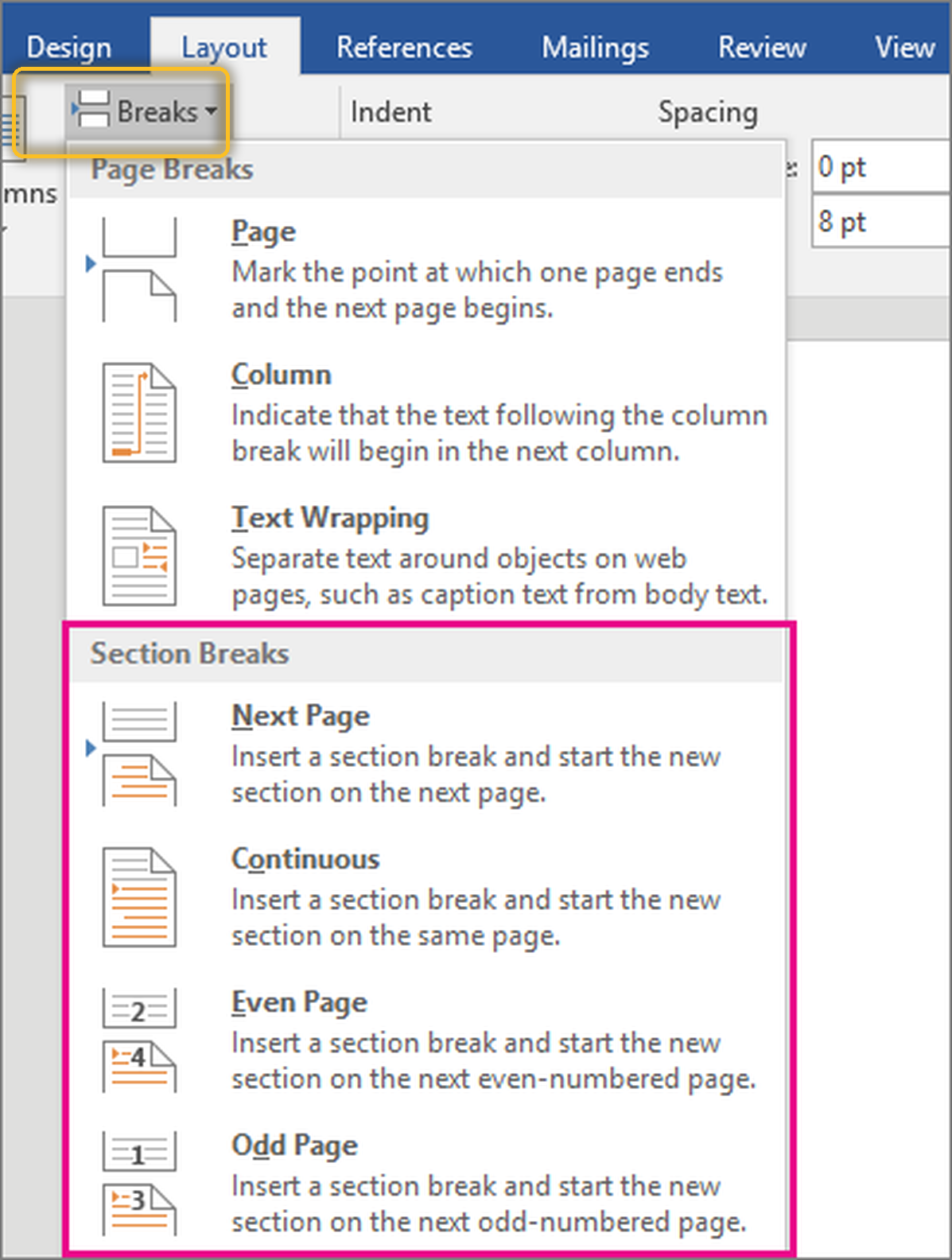 เมนู Breaks ในแท็บ Layout ของ Word แสดงตัวเลือก Section Breaks 4 แบบ คือ Next Page, Continuous, Even Page, Odd Page