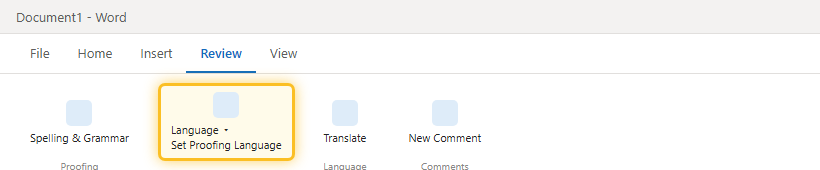 เมนู Set Proofing Language อยู่ในกลุ่ม Language บนแท็บ Review ของ Word