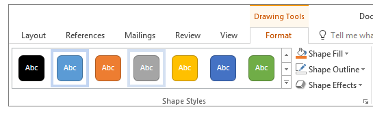แท็บ Shape Format แสดง Shape Styles gallery, Shape Fill, Shape Outline, Shape Effects ใน Word