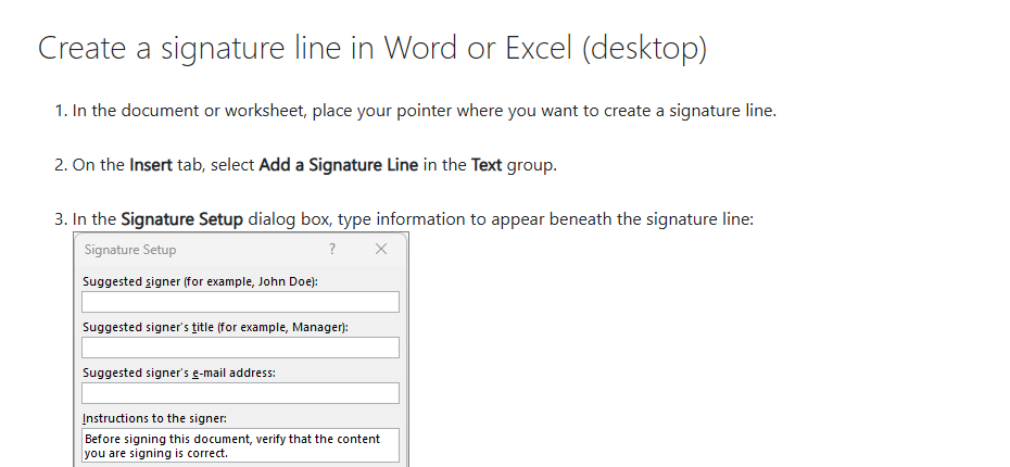 หน้าต่าง Signature Setup สำหรับกรอกชื่อและตำแหน่งผู้เซ็นใน Word