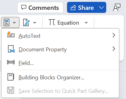 เมนู Quick Parts ใน Word ที่ใช้เรียกดูเนื้อหาที่เก็บไว้รวมถึง Spike