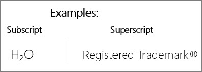 ตัวอย่าง Subscript ในสูตรเคมี H2O และ Superscript ในเครื่องหมายการค้า