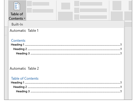 เมนู Table of Contents ใน Word แสดงตัวเลือก Automatic Table 1 และ Automatic Table 2