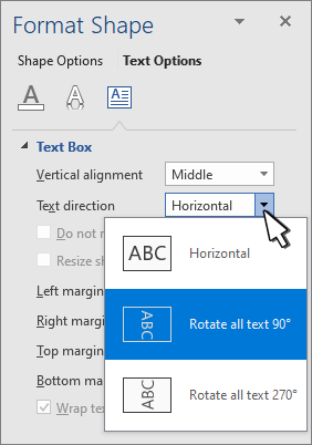 แผง Format Shape ของ Word แสดงตัวเลือก Text direction ในแท็บ Text Box