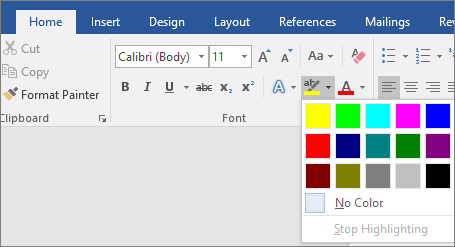 เมนู Text Highlight Color แสดงชุดสีให้เลือกในแท็บ Home ของ Word