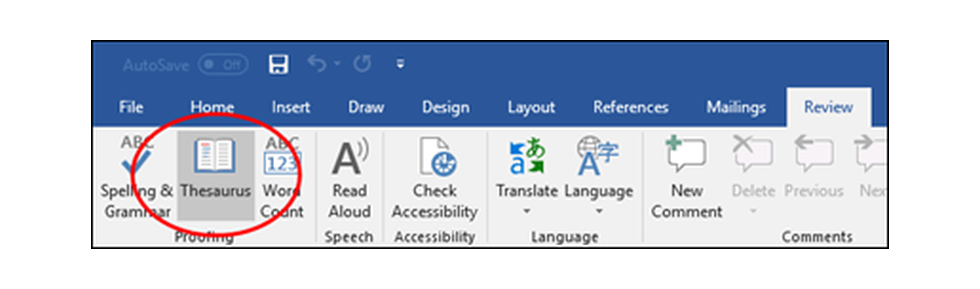 ปุ่ม Thesaurus อยู่ในแท็บ Review กลุ่ม Proofing ของ Word
