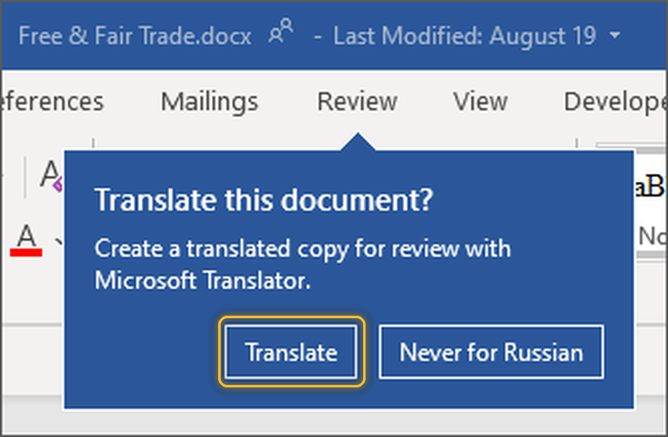 หน้าต่างยืนยัน Translate this document ใน Word พร้อมวงกลมไฮไลต์ปุ่ม Translate