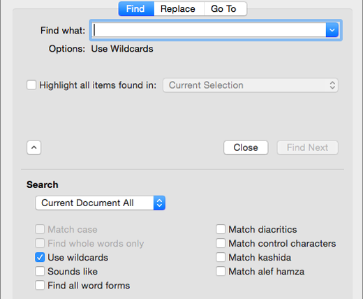 หน้าต่าง Find and Replace ของ Word ติ๊กเลือก Use wildcards แล้ว
