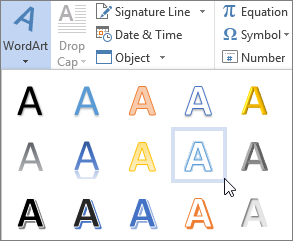 แกลเลอรีสไตล์ WordArt สำเร็จรูปในแท็บ Insert ของ Word