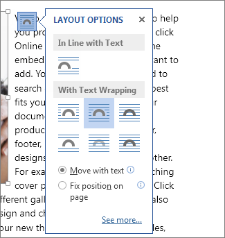 เมนู Layout Options ของ Word แสดงตัวเลือก In Line with Text และ With Text Wrapping ทั้งหมด